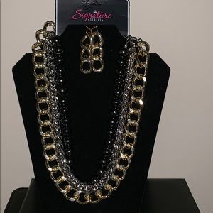 Black, Gold, Silver Necklace With Earrings